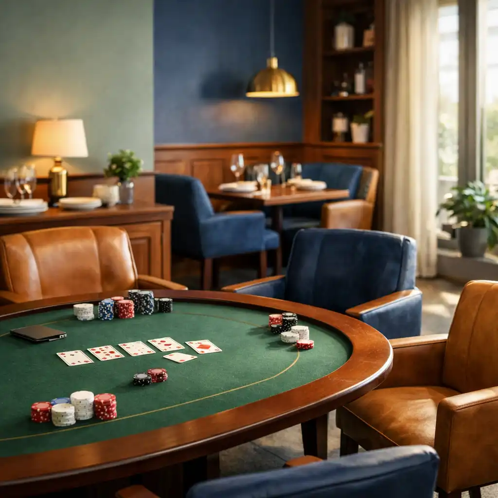 Warm interior of the Card Lounge with a green felt poker table and subtle dining elements in the background