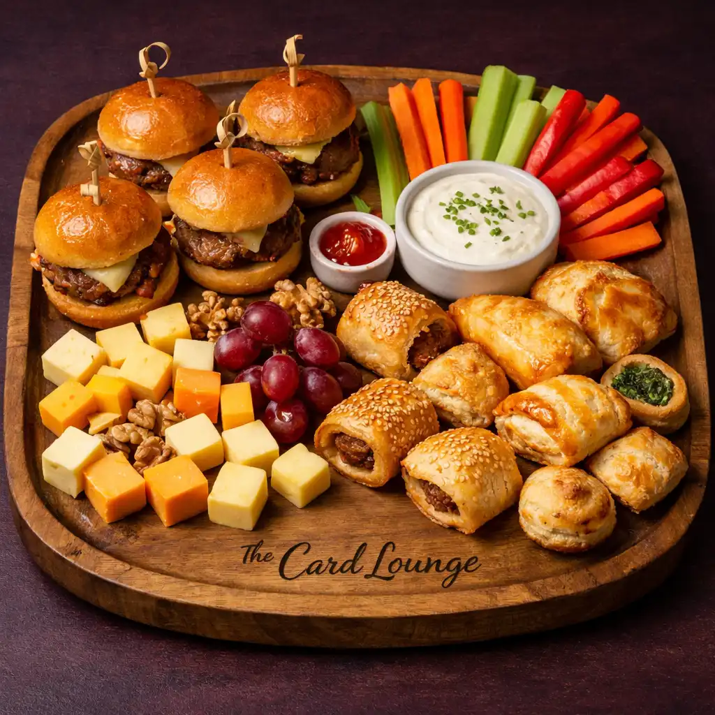 A wooden sharing platter with sliders, vegetable sticks, dip, cheese cubes, and small pastries