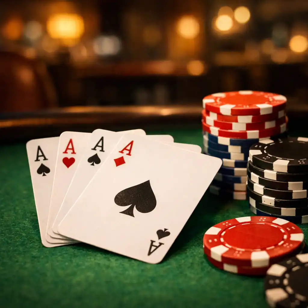 Close-up of physical poker cards and chips on a green felt table