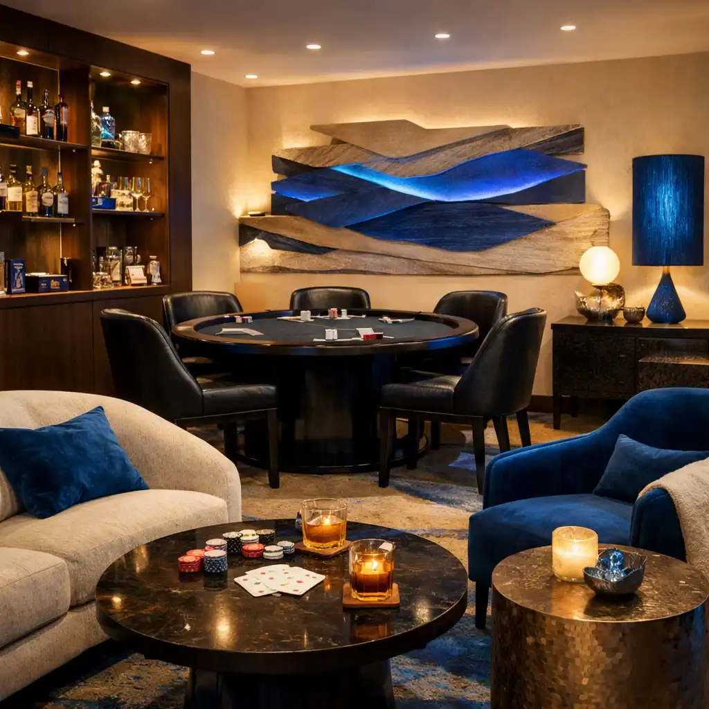 Stylish Card Lounge with lounge seating, low tables, and a poker table in the background