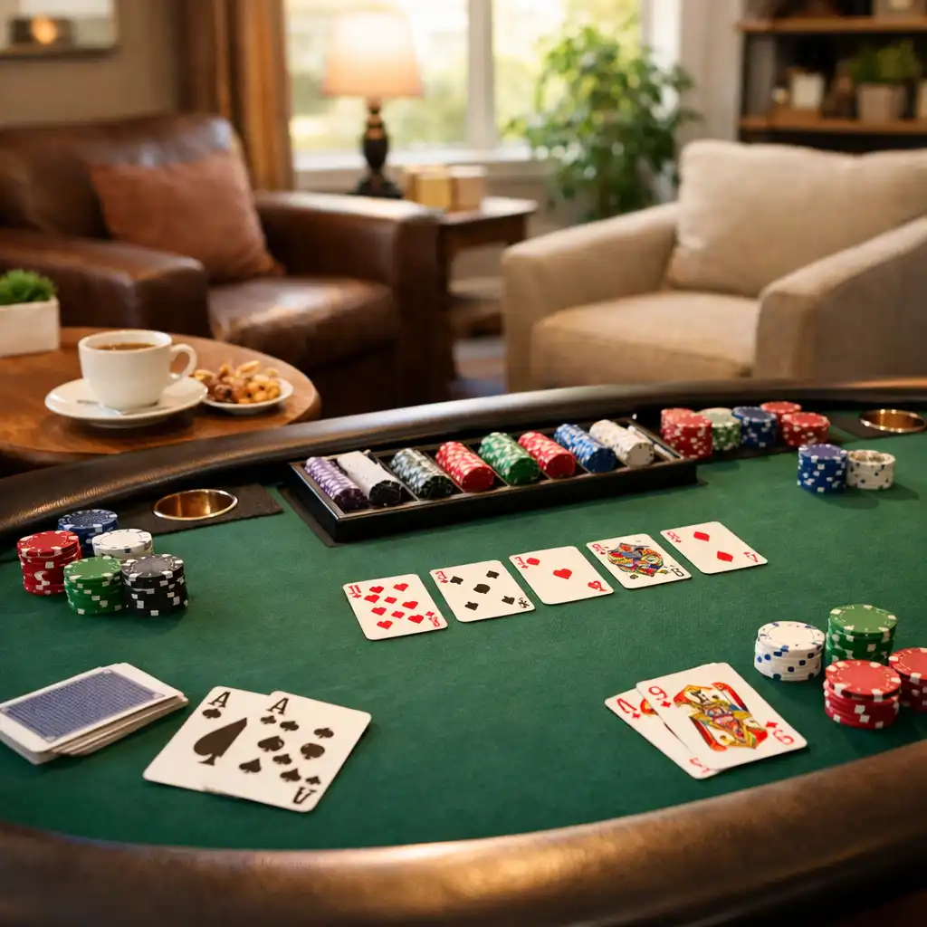 Poker table in the Card Lounge with lounge chairs, coffee, and snacks in a relaxed setting