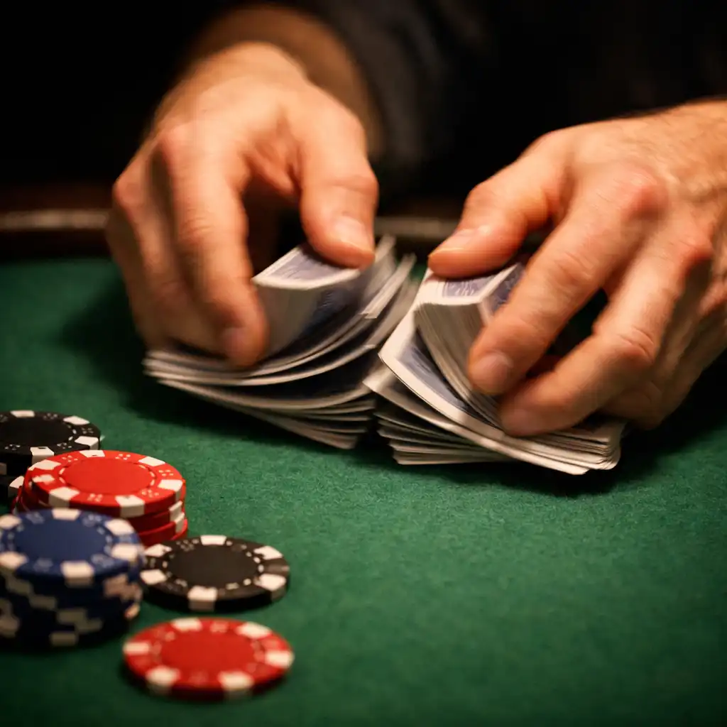 Hands shuffling playing cards over a poker table with chips scattered nearby