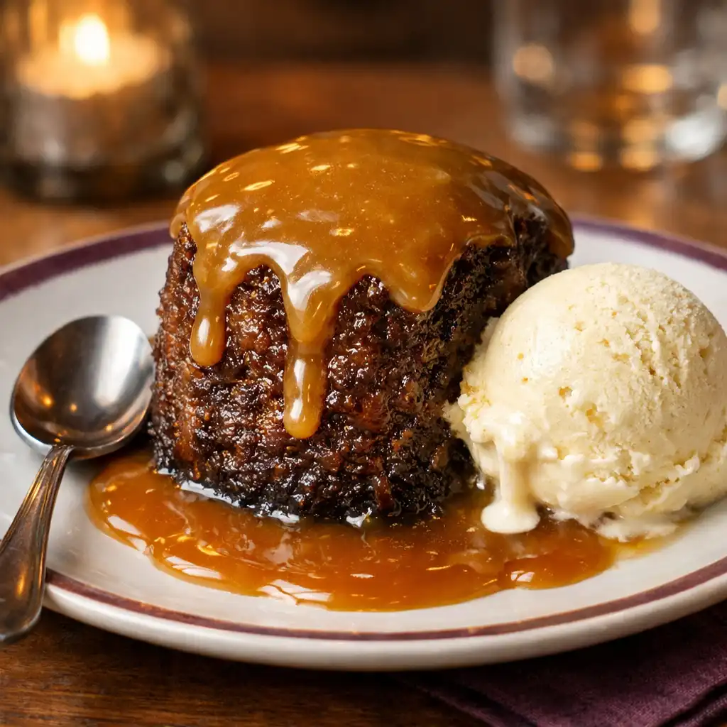 Sticky date pudding with butterscotch sauce and vanilla ice cream on a white plate with aubergine accents