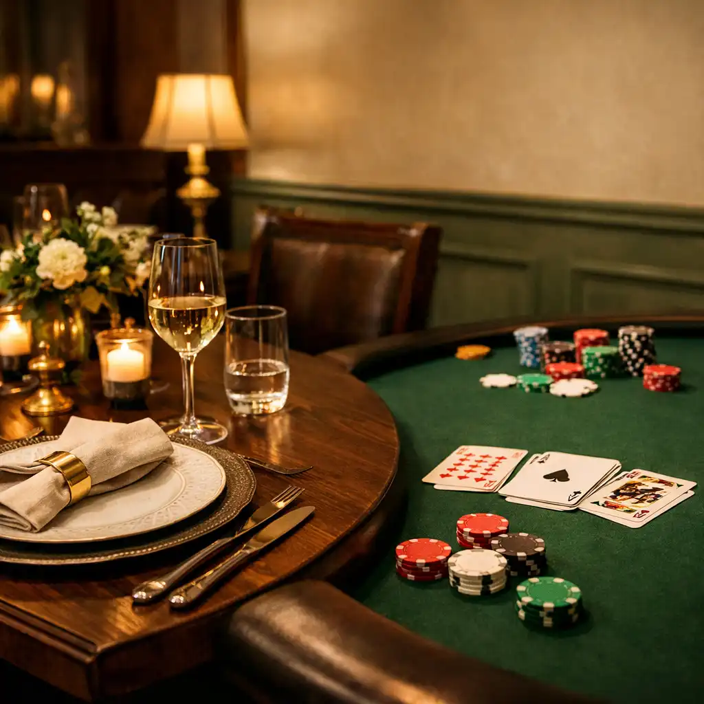 A dining table set with plates next to a poker table with cards and chips