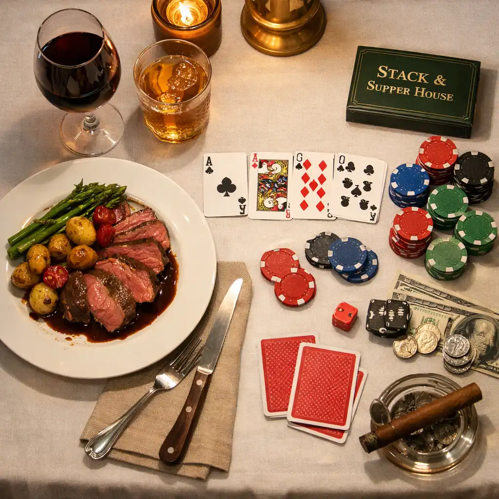 A table set for both dining and poker with a plate of food on one side and a deck of cards and chips on the other