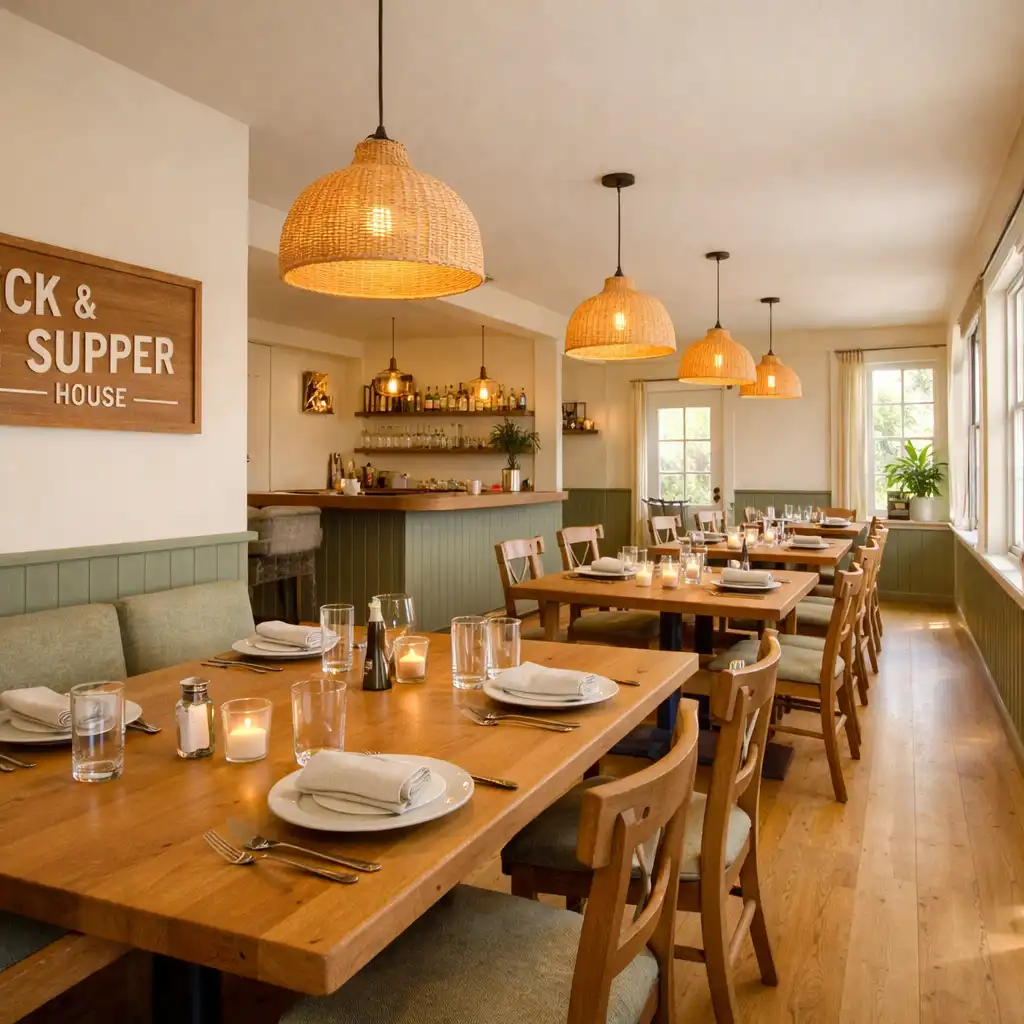 Warm dining room with ivory walls, timber tables, and soft pendant lighting