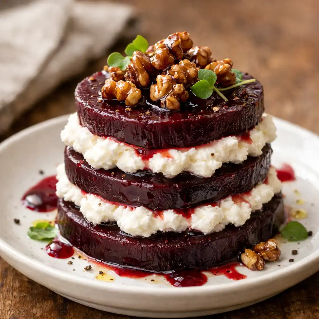 Stacked beetroot and goat's curd starter with candied walnuts