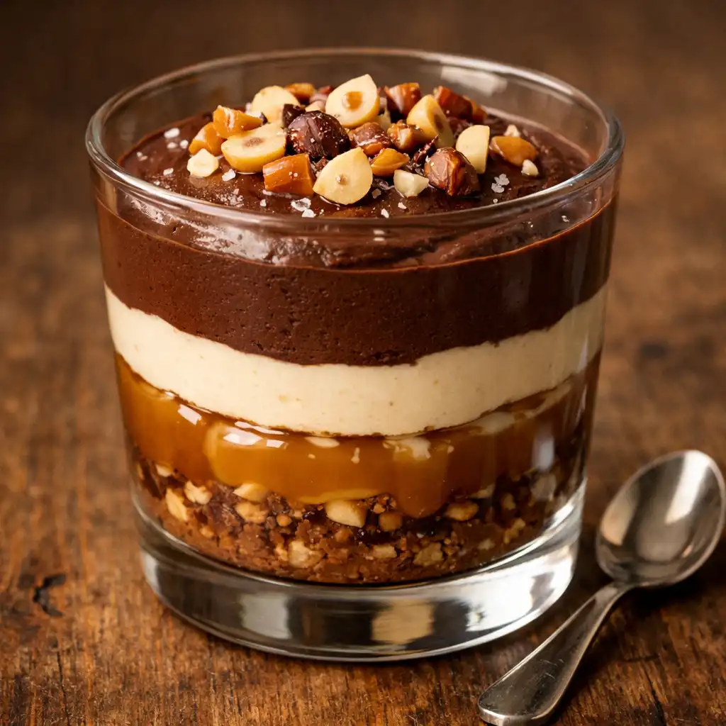 Layered chocolate and hazelnut dessert in a clear glass with salted caramel