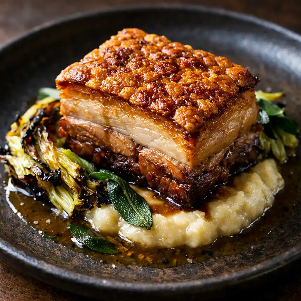 Twice-cooked pork belly with apple purée, charred cabbage, and sage jus