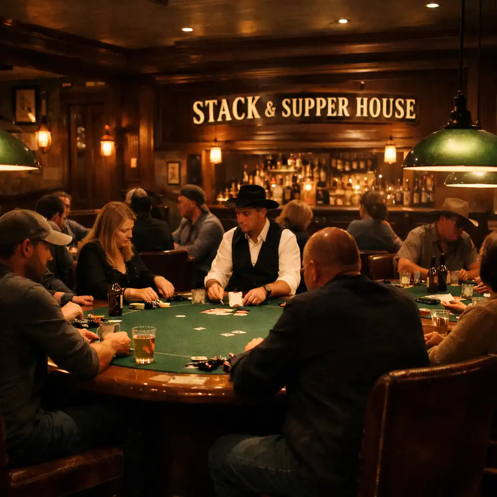 An evening poker session at Stack & Supper House with warm lamps over the tables and a relaxed atmosphere