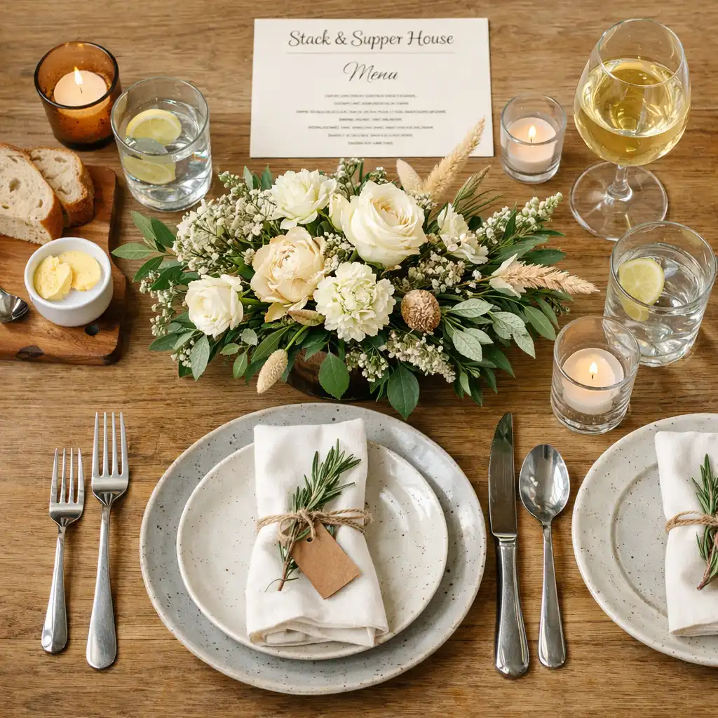 A beautifully set dining table at Stack & Supper House with plates, glasses, and a centerpiece