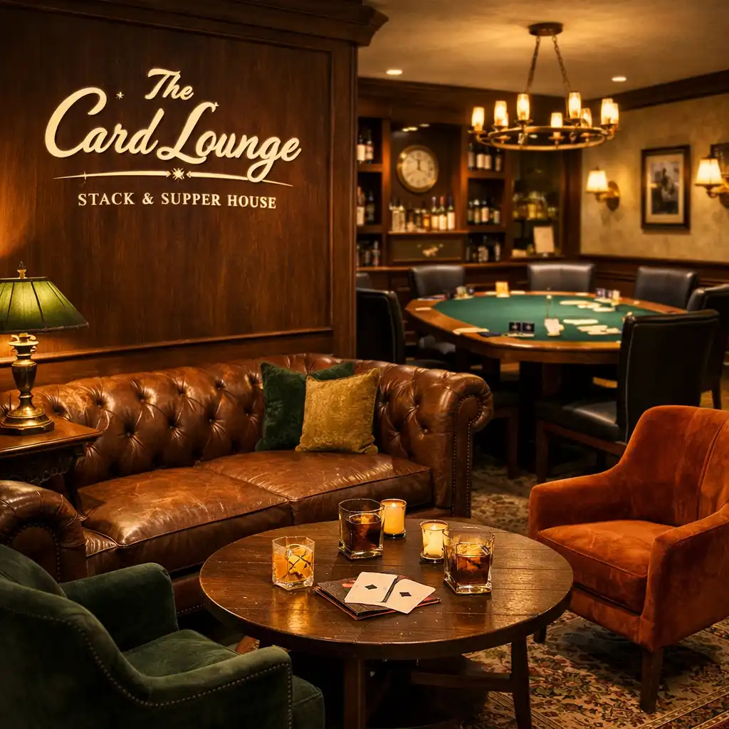 The Card Lounge at Stack & Supper House with seating area and a poker table in the background