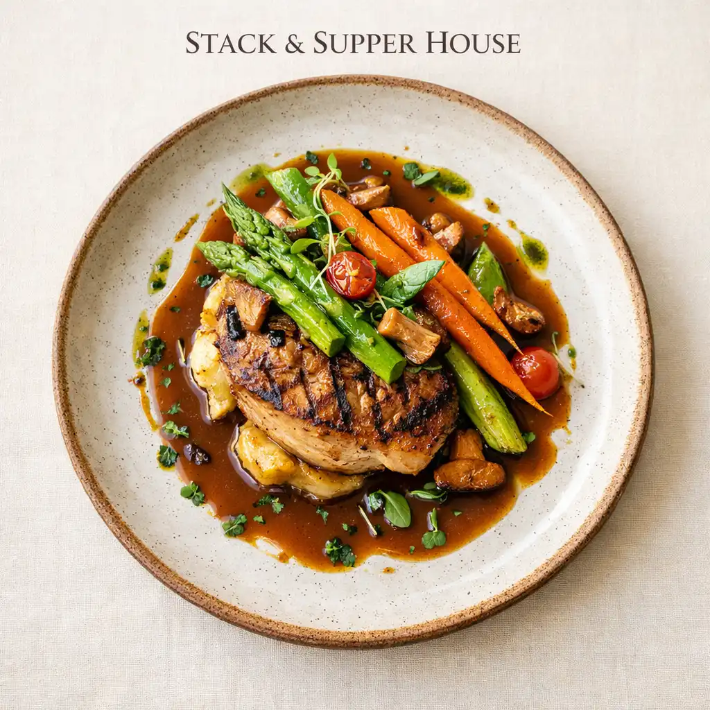 A top-down photograph of a layered signature dish on a warm ivory tablecloth