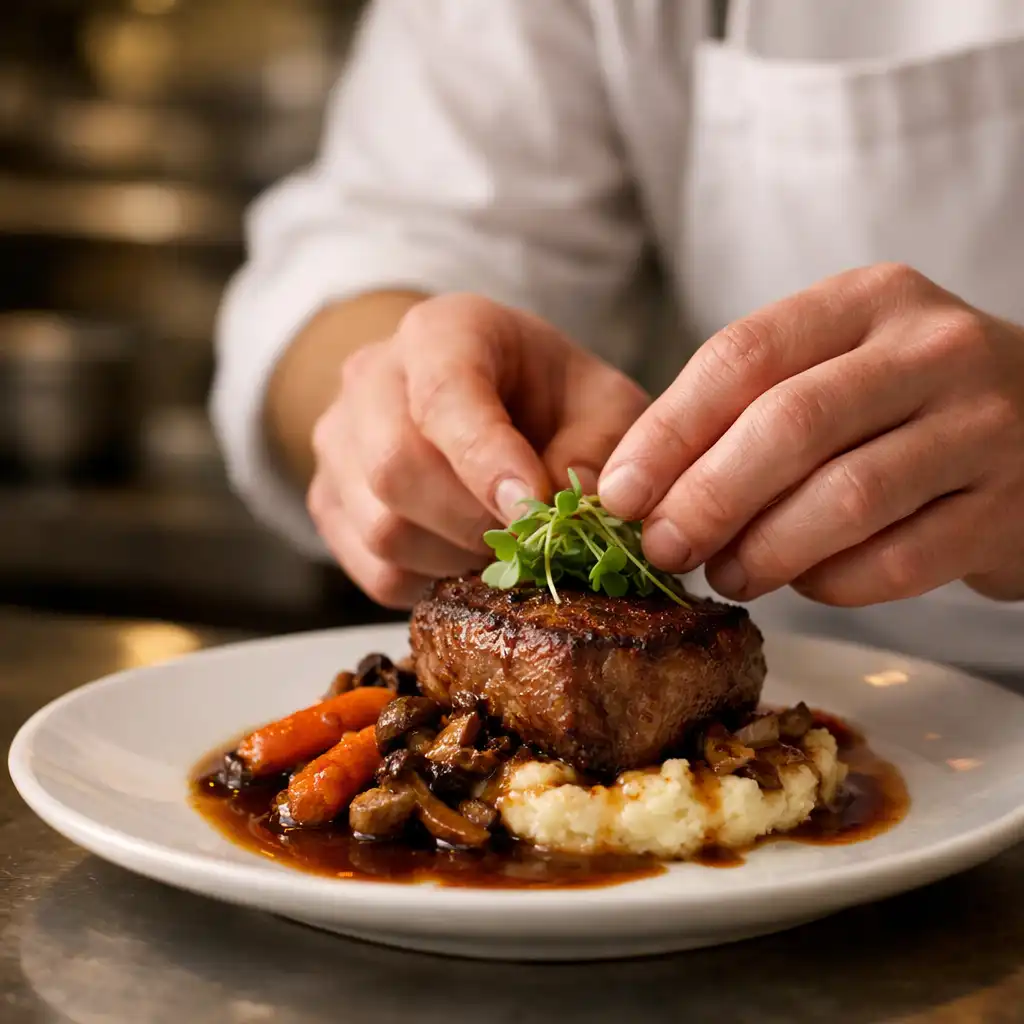 A chef's hands carefully plating a dish with microgreens in the Stack & Supper House kitchen