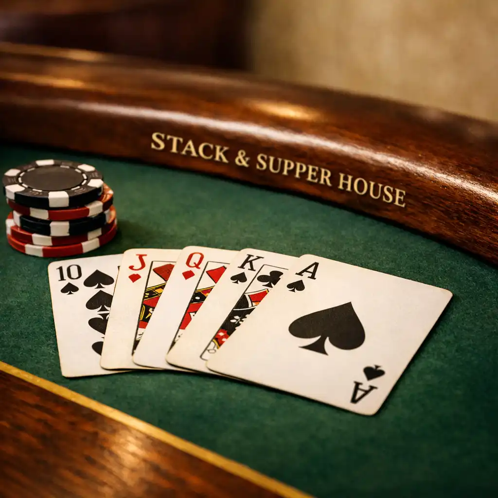 Close-up of a poker table with fanned cards and a stack of chips in warm light