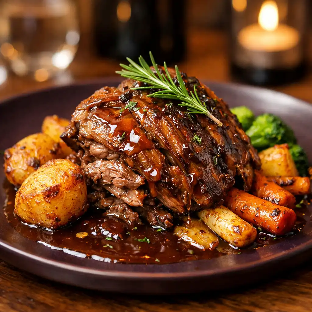 Slow-cooked lamb shoulder with rosemary jus and roasted vegetables on a dark aubergine plate