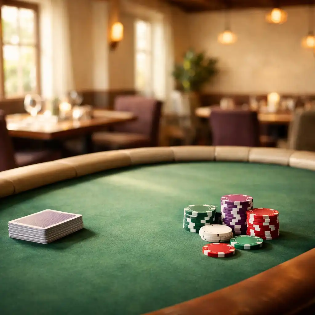 Warmly lit physical poker table with green felt, playing cards, and chips at Stack & Supper House