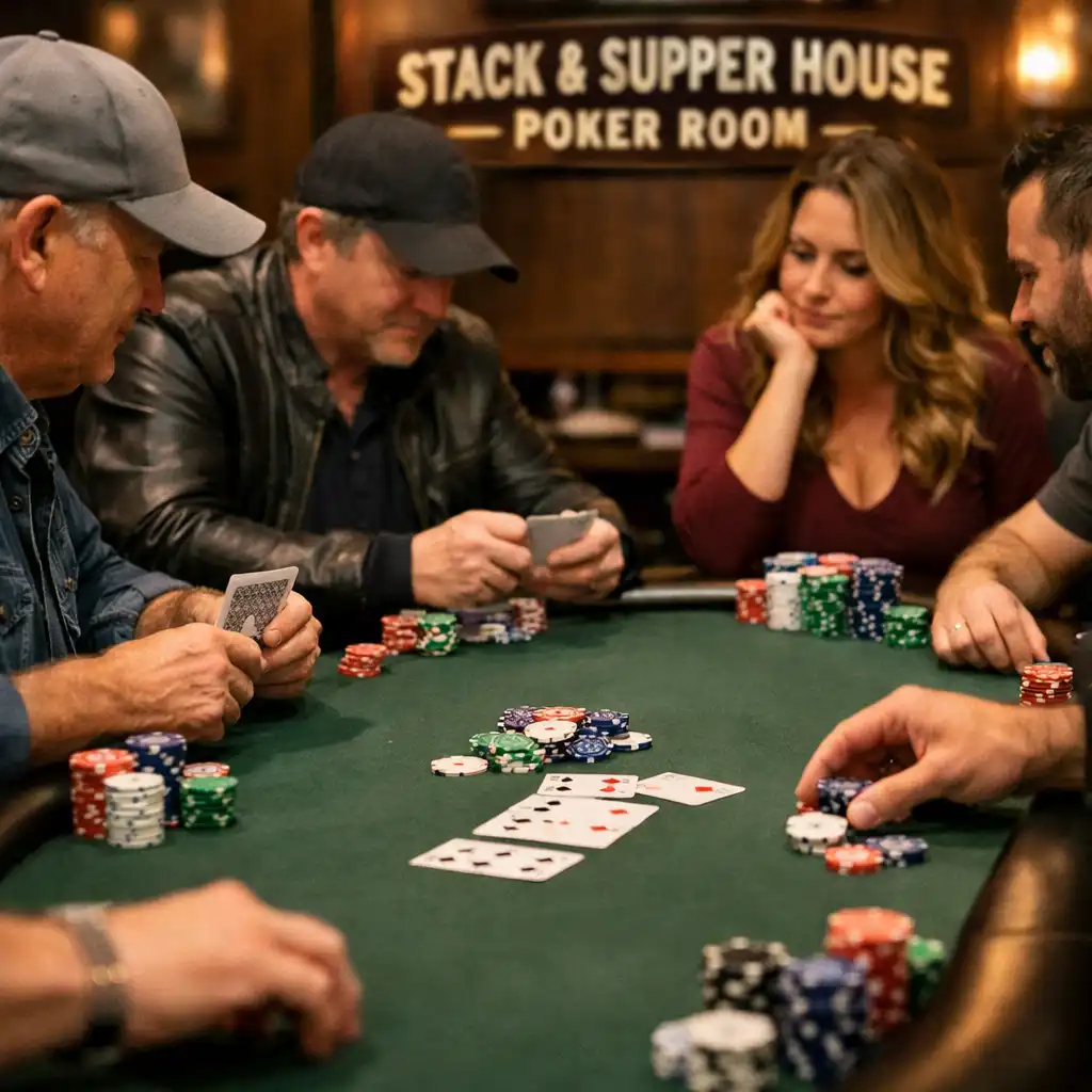 Players focused on their cards at a poker table in the Stack & Supper House Poker Room