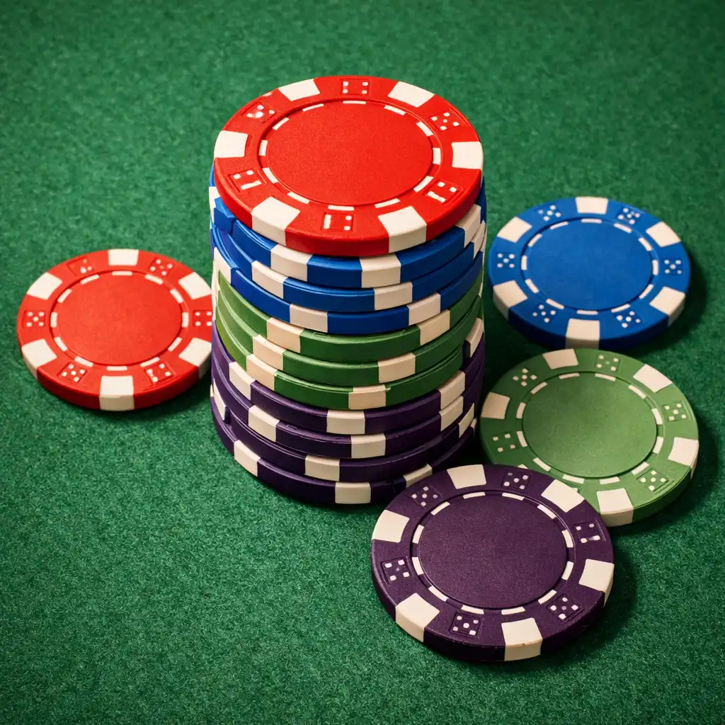 Overhead close-up of neatly stacked poker chips in tomato, electric blue, sage green, and aubergine