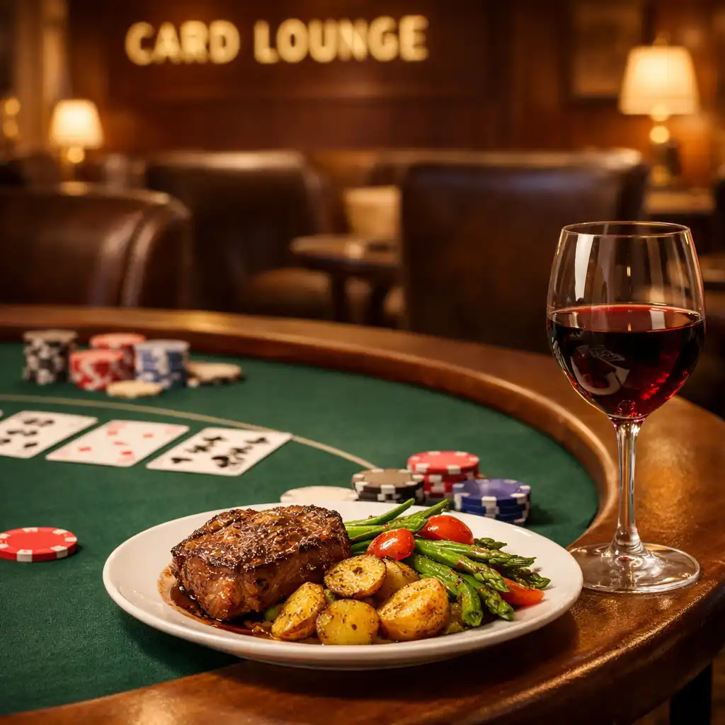 Physical poker table with green felt, playing cards, and a plate of food and glass of wine at the edge in a warm, dimly lit room