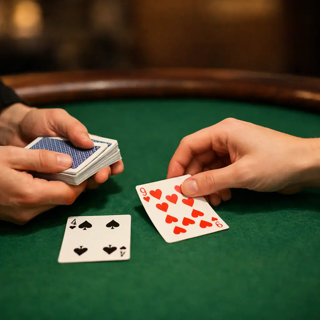 Two people's hands dealing playing cards across a green felt poker table