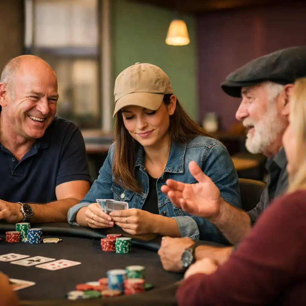 Candid photo of a diverse group of adults smiling and talking around a poker table