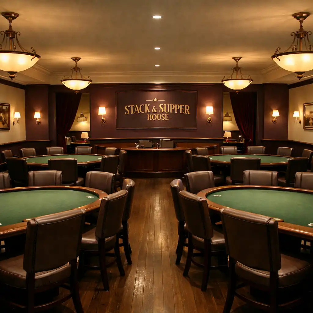 Wide view of the warm Poker Room with several unoccupied poker tables and comfortable chairs