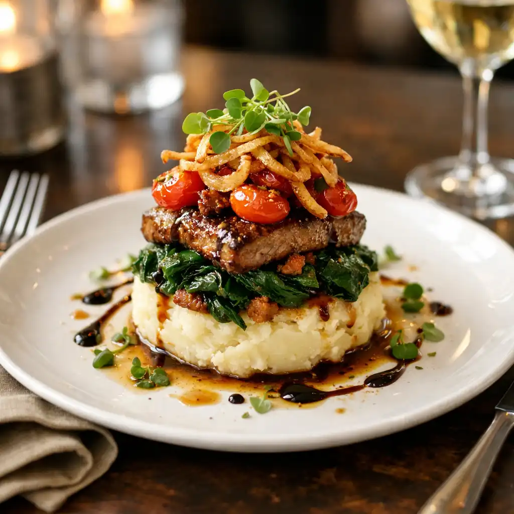 A beautifully plated layered dish on a dining table, reflecting the Stacked Supper concept