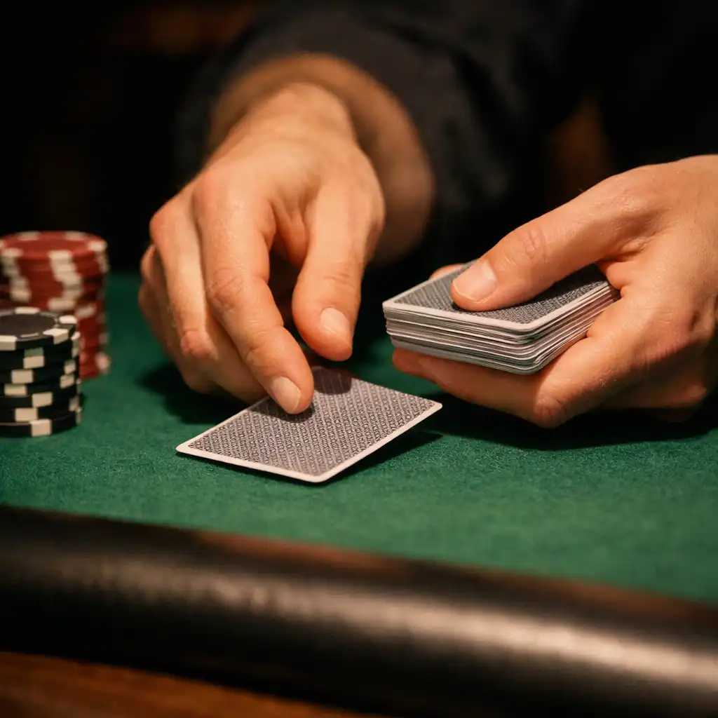 Close-up of hands dealing playing cards on a poker table with physical poker chips nearby