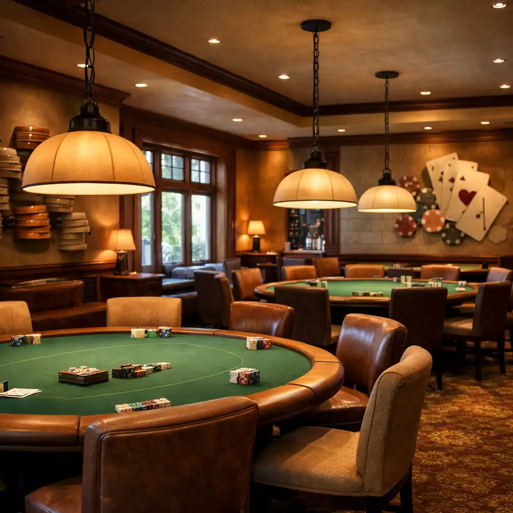 Wide view of the Poker Room at Stack & Supper House with round tables, green felt, upholstered chairs, and warm pendant lights