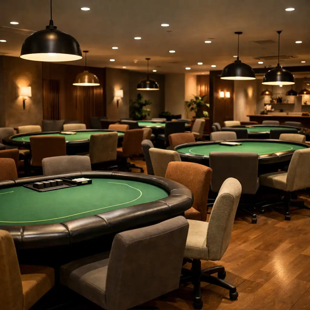 Interior of the dedicated Poker Room with multiple green felt tables and comfortable chairs