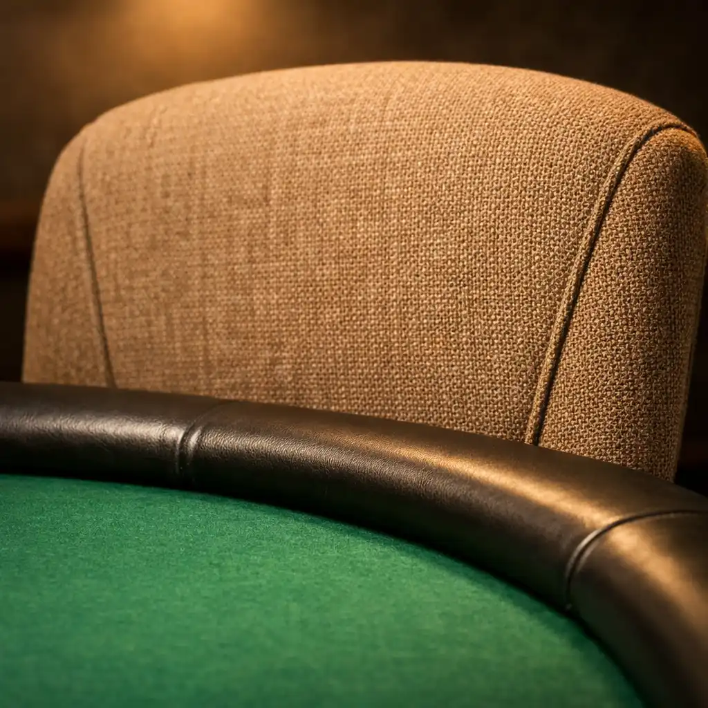 Close-up of a comfortable upholstered chair at a poker table with green felt and padded rail