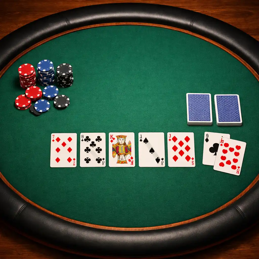 Overhead view of a dedicated poker table with green felt, padded rail, playing cards, and physical poker chips
