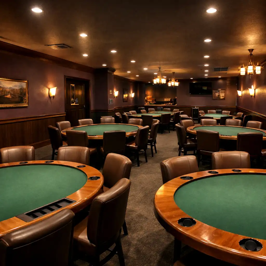 Wide-angle view of the Poker Room with several green felt tables and warm ambient lighting