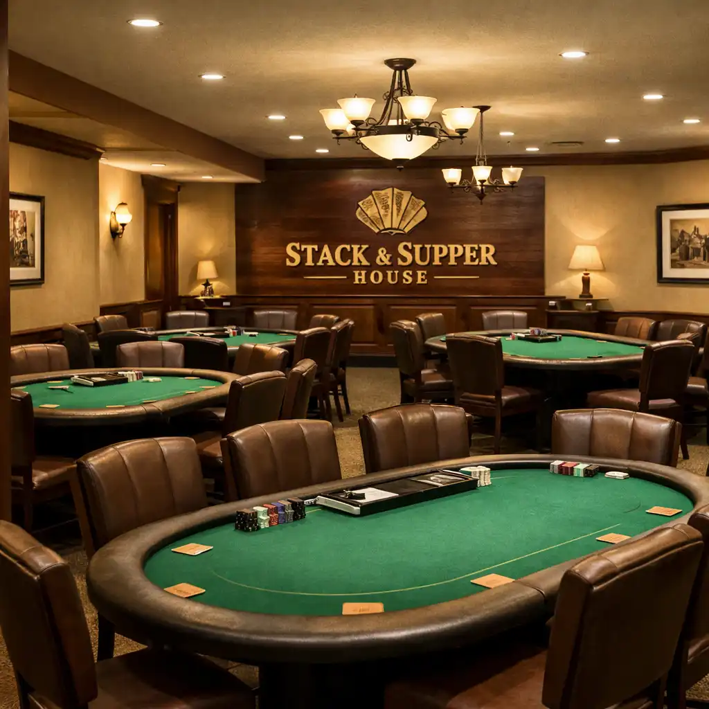 The dedicated Poker Room at Stack & Supper House with several professional poker tables and comfortable chairs