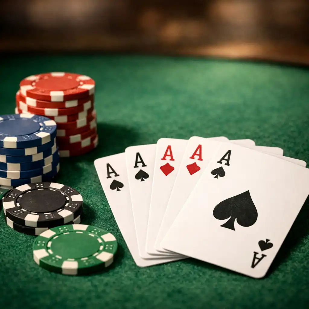 Close-up of a poker table surface showing felt texture, fanned cards, and stacked chips