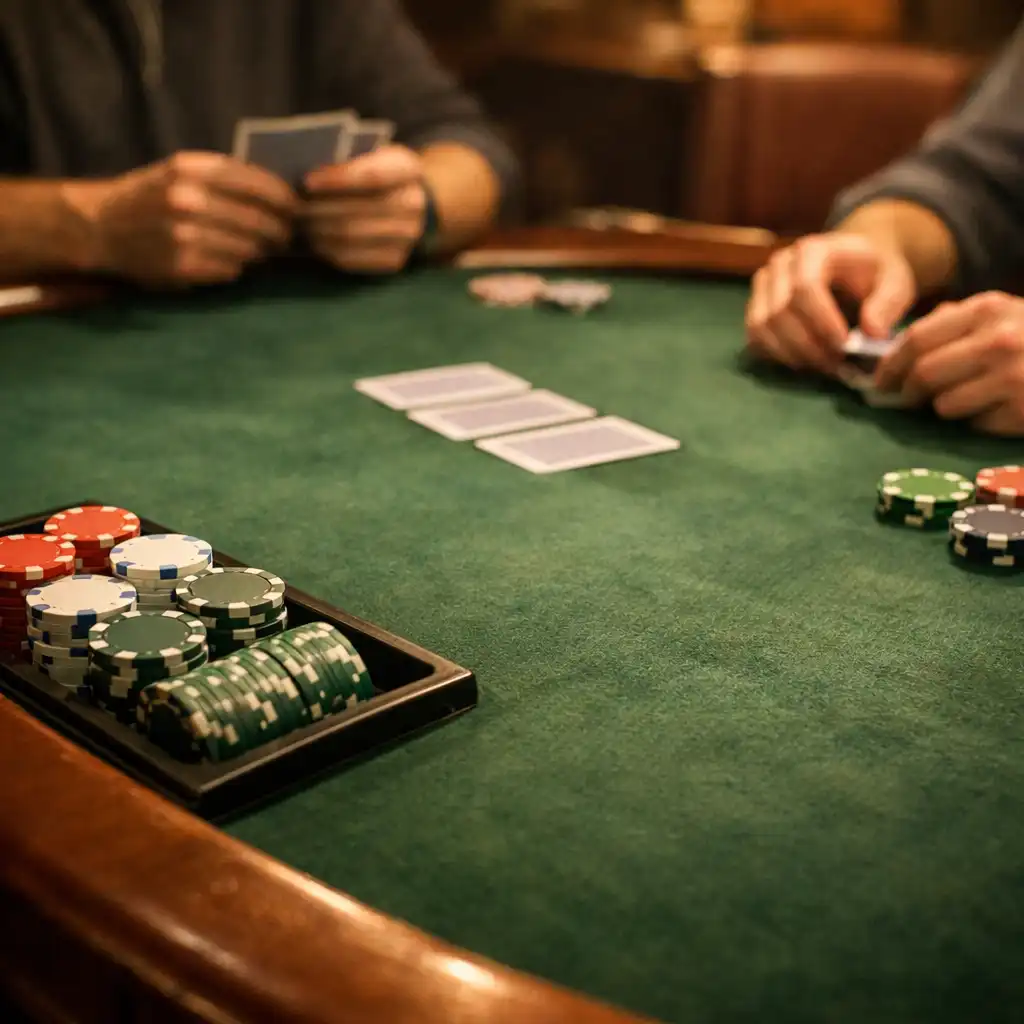 Close-up of a poker table with green felt, chip tray, and players' hands handling cards in warm light