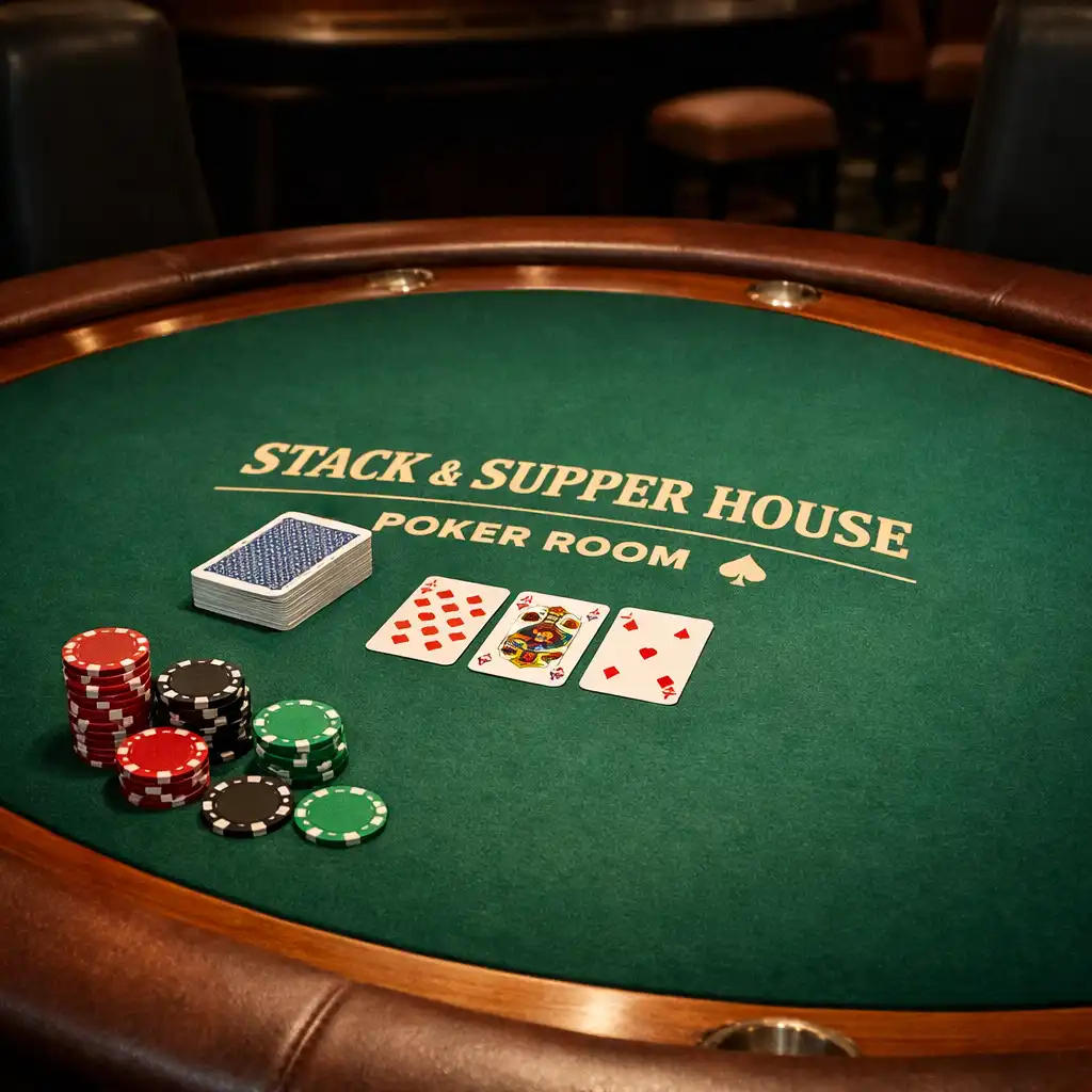 A professional poker table with green felt, a deck of cards, and poker chips as table accessories