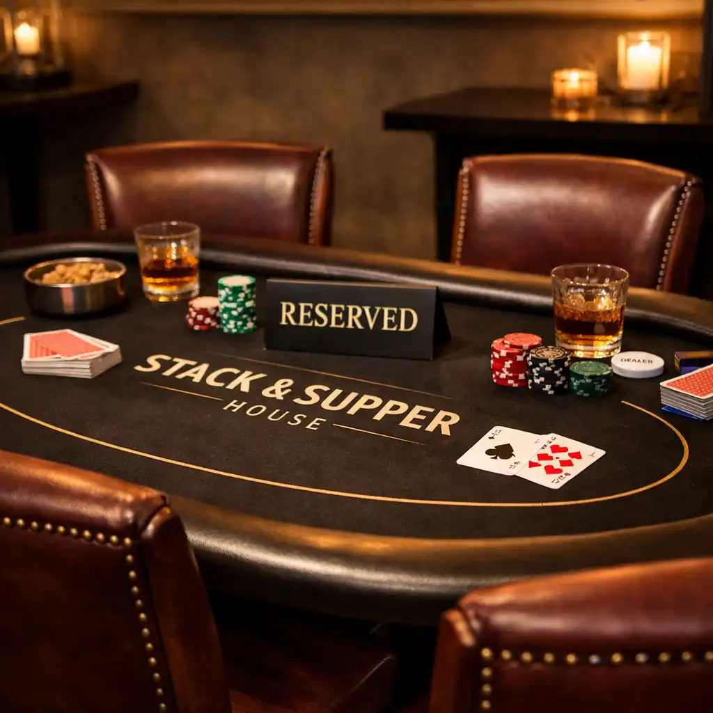 A private poker table set up for a group at Stack & Supper House with comfortable chairs and a reserved sign