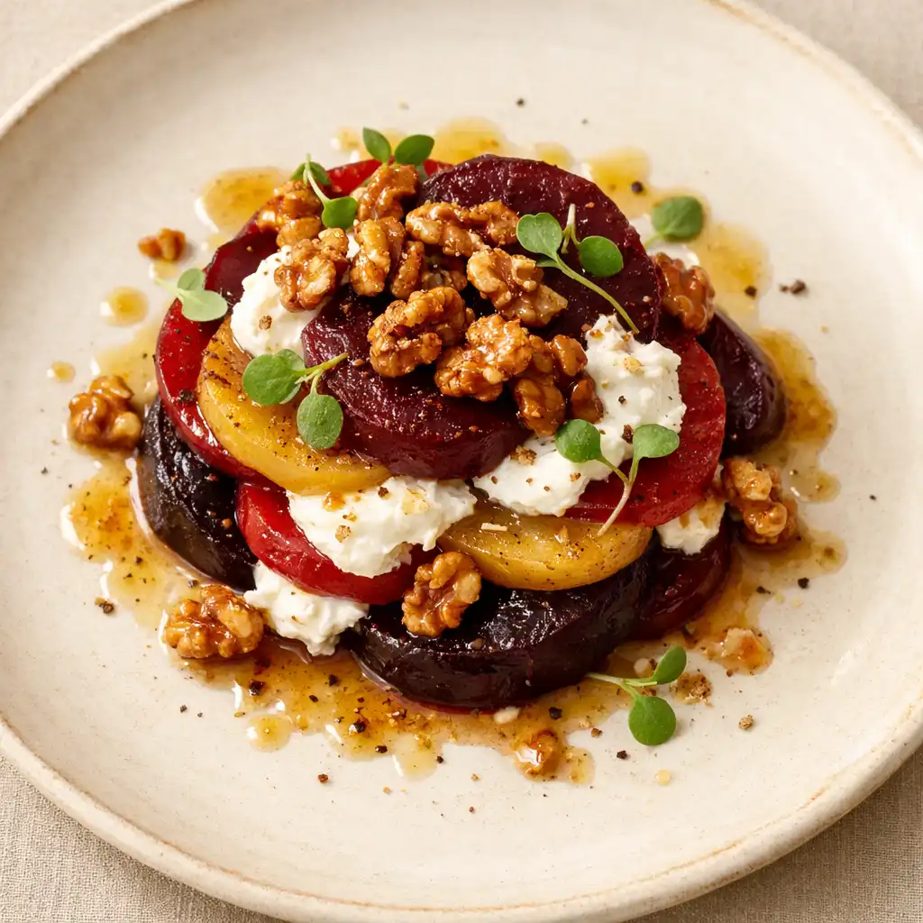 A beautifully plated layered beetroot and goat's curd dish on a warm ivory plate