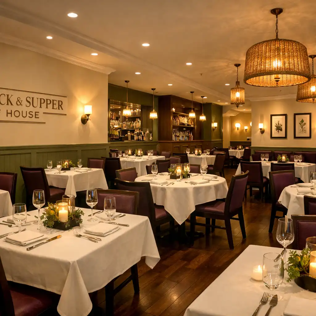 The warm dining room at Stack & Supper House with ivory walls, sage accents, and aubergine details