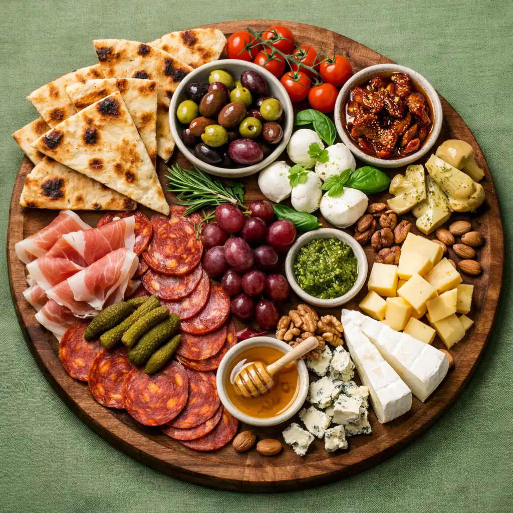 Sharing platter with charcuterie, cheeses, olives, and wood-fired flatbread on a large wooden board with sage green tablecloth