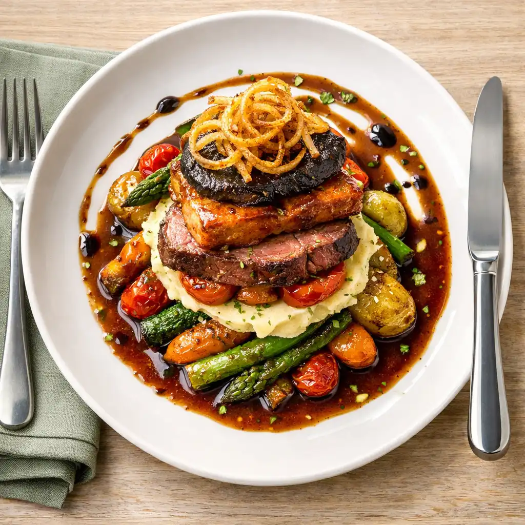 The Stacked Supper Plate with layered grilled protein, roasted vegetables, and glossy sauce