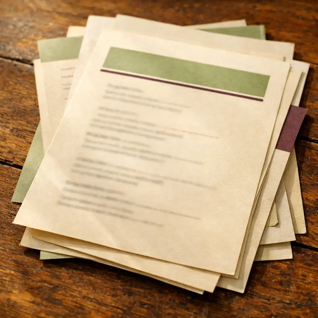 Stack of cream-coloured printed menu sheets with sage green and aubergine accents on a rustic wooden table