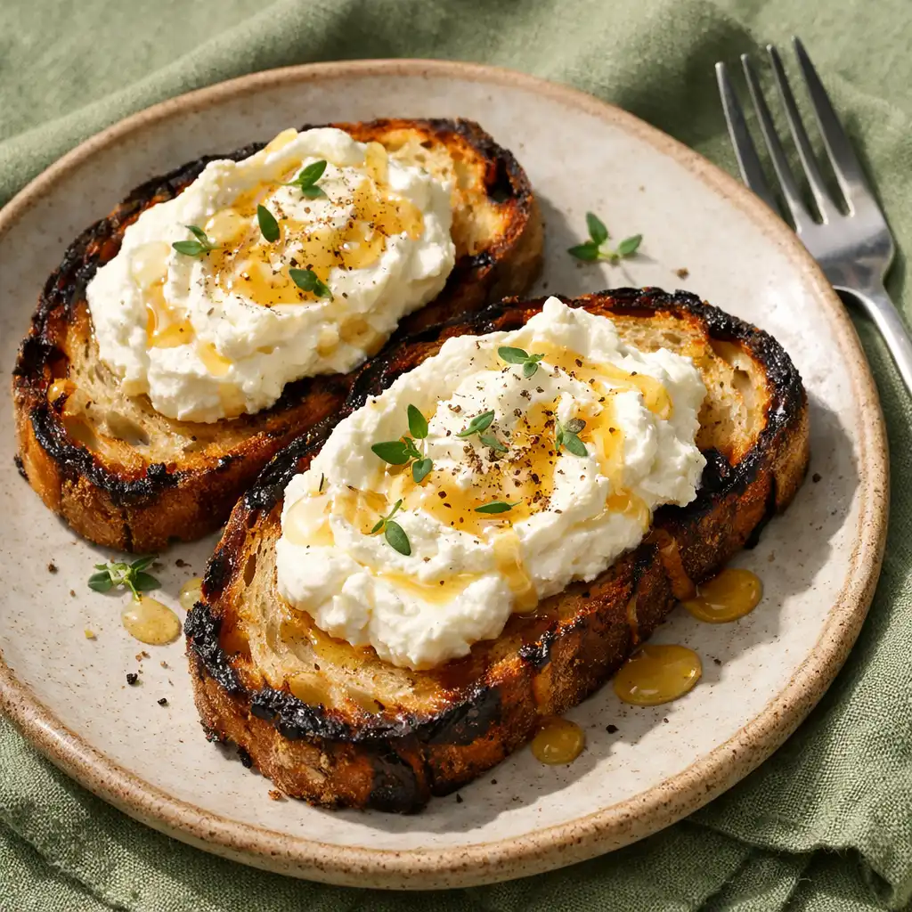 Charred sourdough slices topped with whipped ricotta and honey on a ceramic plate with sage green linen