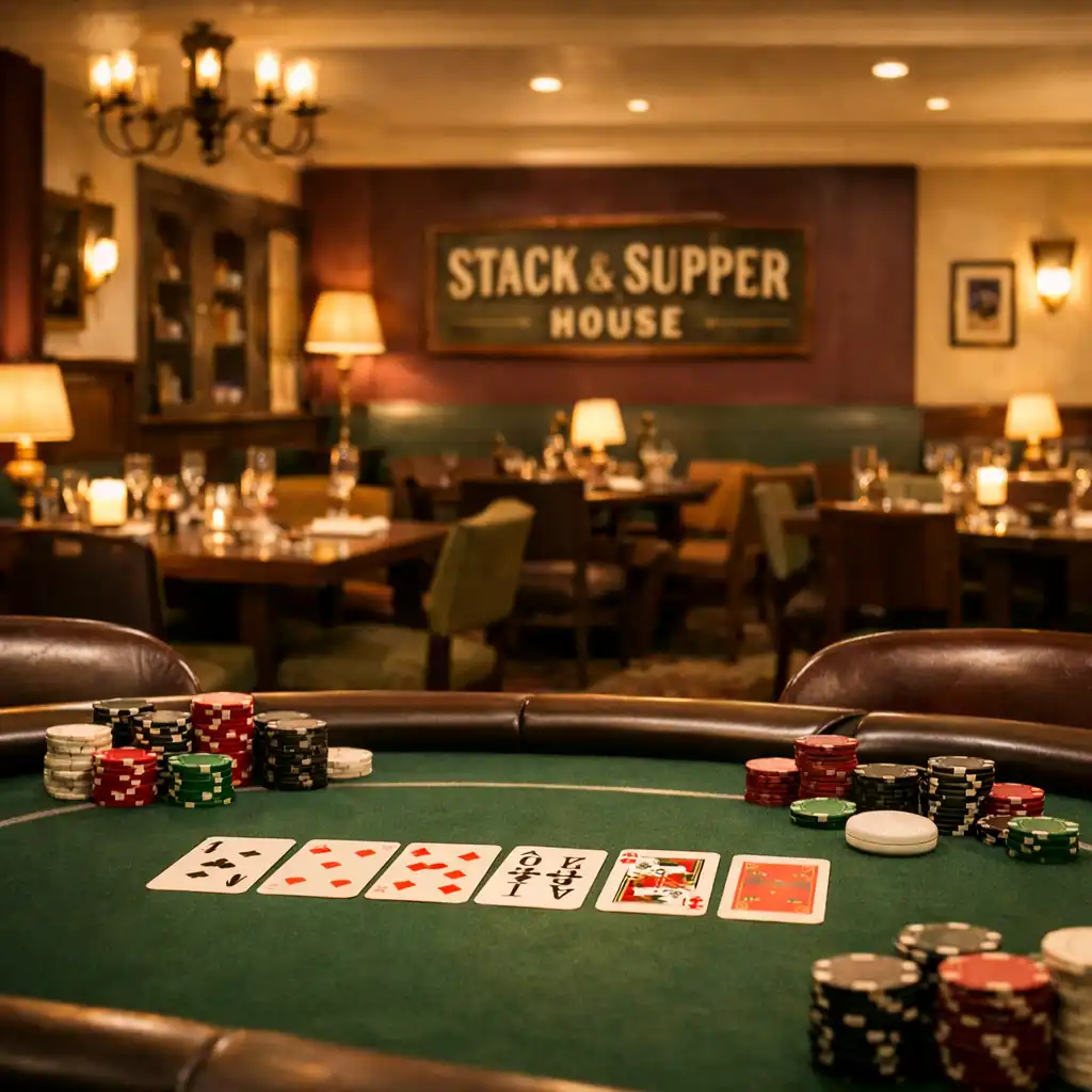 Interior of Stack & Supper House with a poker table in the foreground and dining area beyond